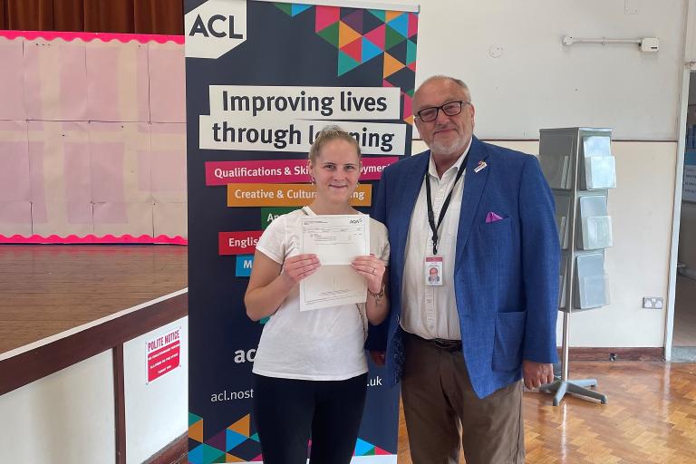 ACL learner Imogen with her results and Councillor Tony Ball, Essex County Council Cabinet Member for Education Excellence, Lifelong Learning and Employability