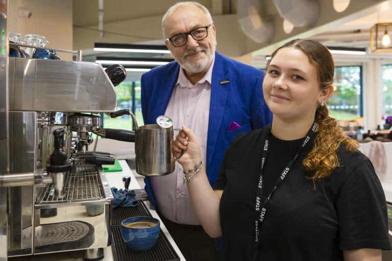 Cllr Tony Ball and apprentice at Colchester Mercury Theatre