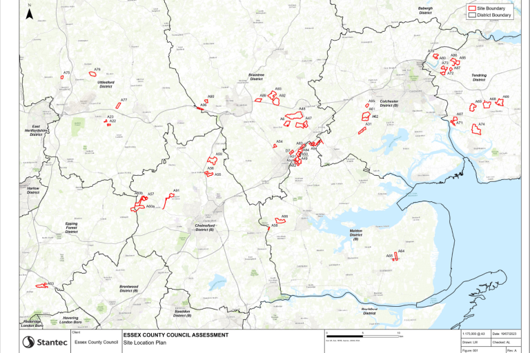 Full colour map of Essex with candidate sites marked in red