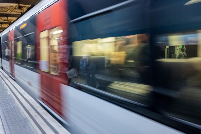 A photograph showing a train moving past at speed. It is blurred from the motion.