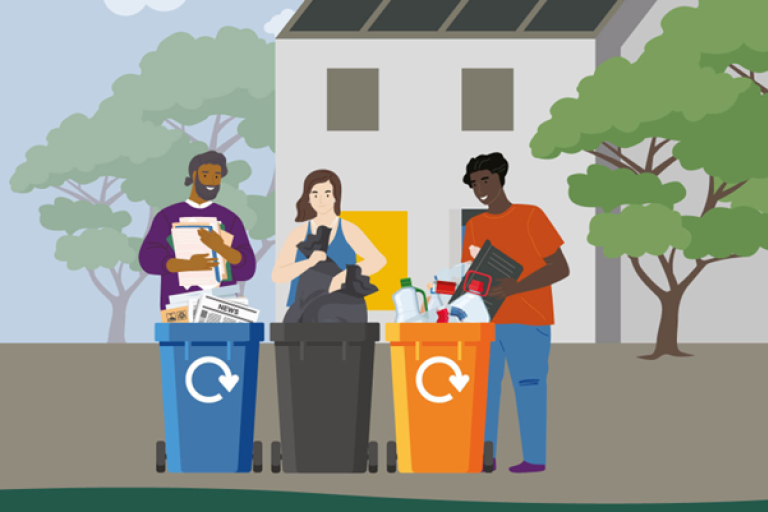 A graphic showing three people putting recycling into wheelie bins outside a property.