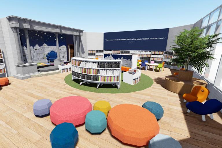 Computer-generated image of the new library ground floor with a fantastical stage in the distance.