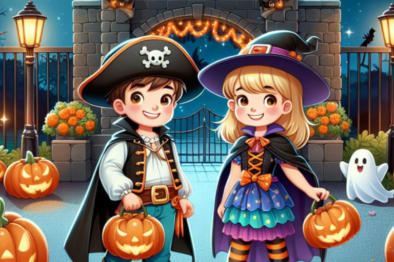 A drawing of two children, one dressed as a witch and one dressed as a pirate, holding pumpkin baskets for Halloween.