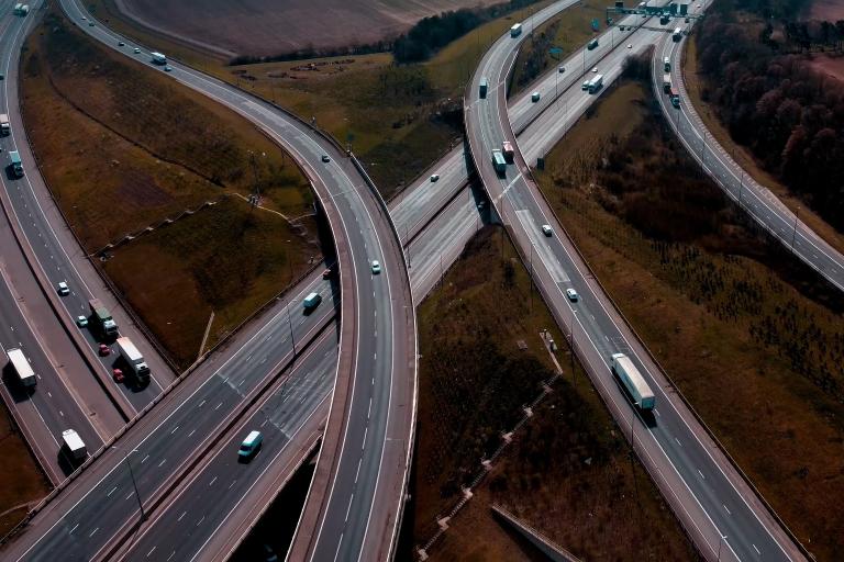 An aerial shot of a series of dual carriageway junctions.